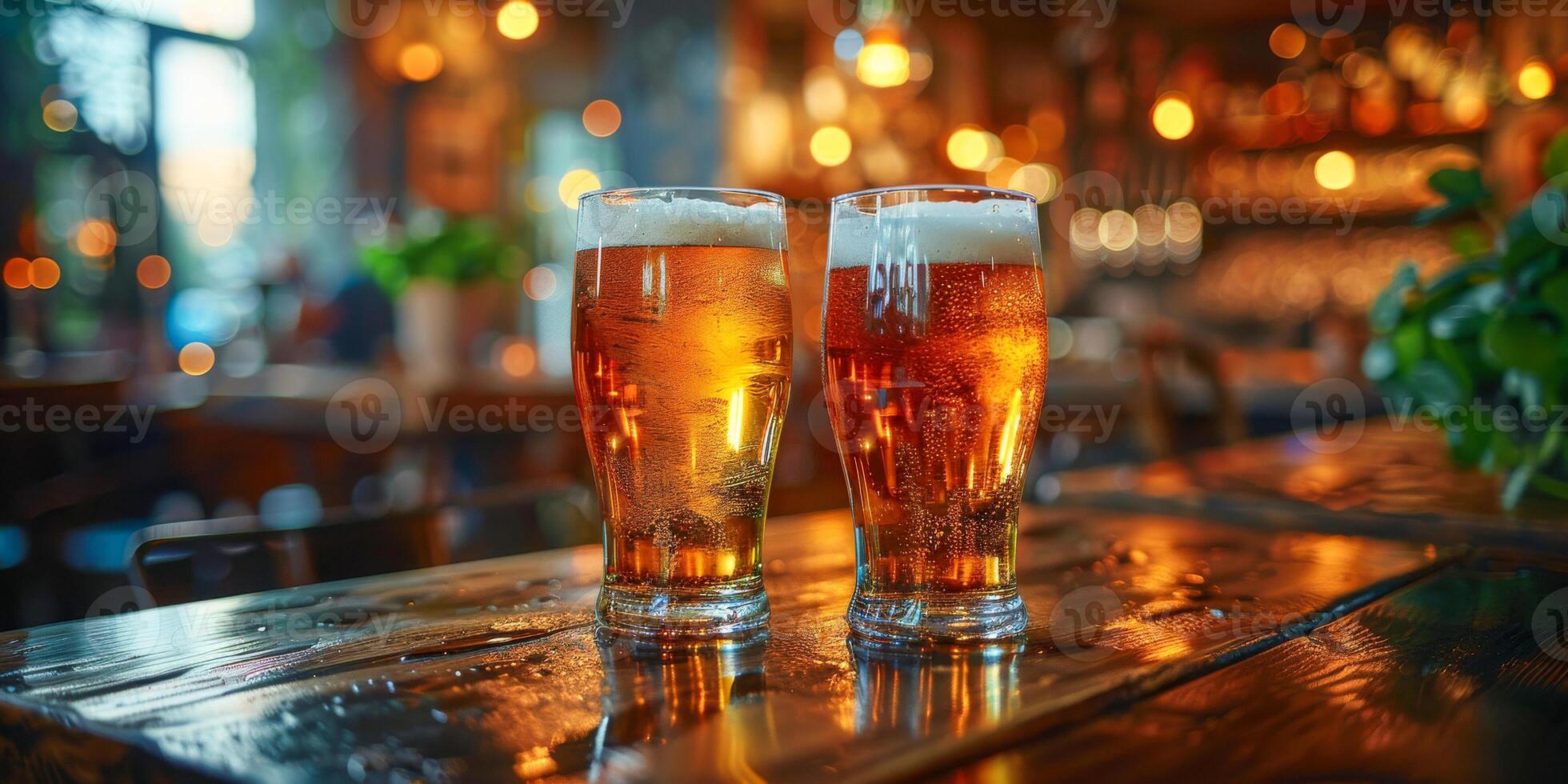 ai gegenereerd deze foto beeldt af twee bril van bier geplaatst Aan top van een bar balie, vastleggen een feestelijk moment in een gewoontjes instelling