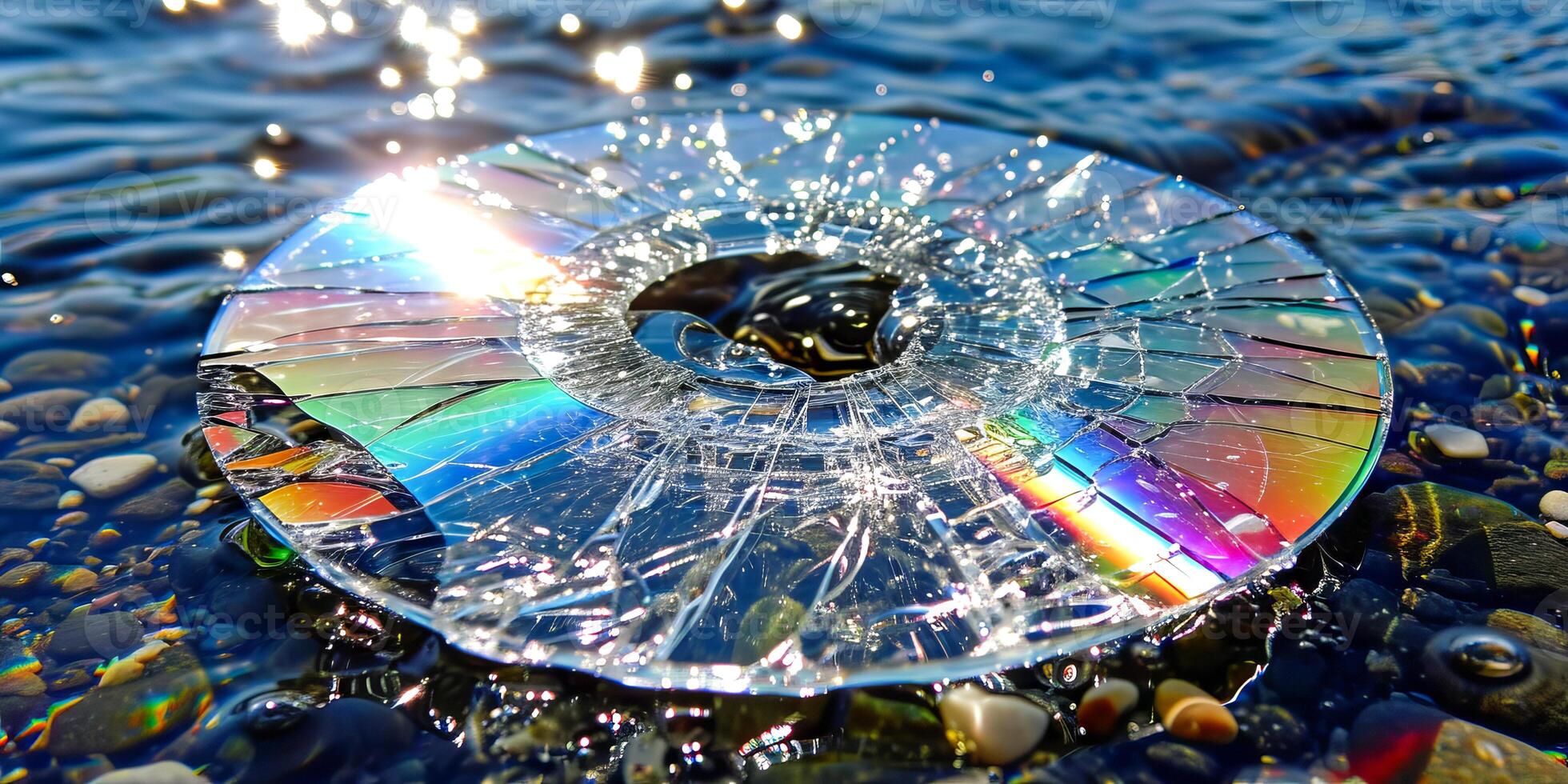 ai gegenereerd een gebroken CD leugens te midden van steentjes Aan de oever, haar oppervlakte reflecterend de zonlicht in een spectrum van kleuren tegen de water foto