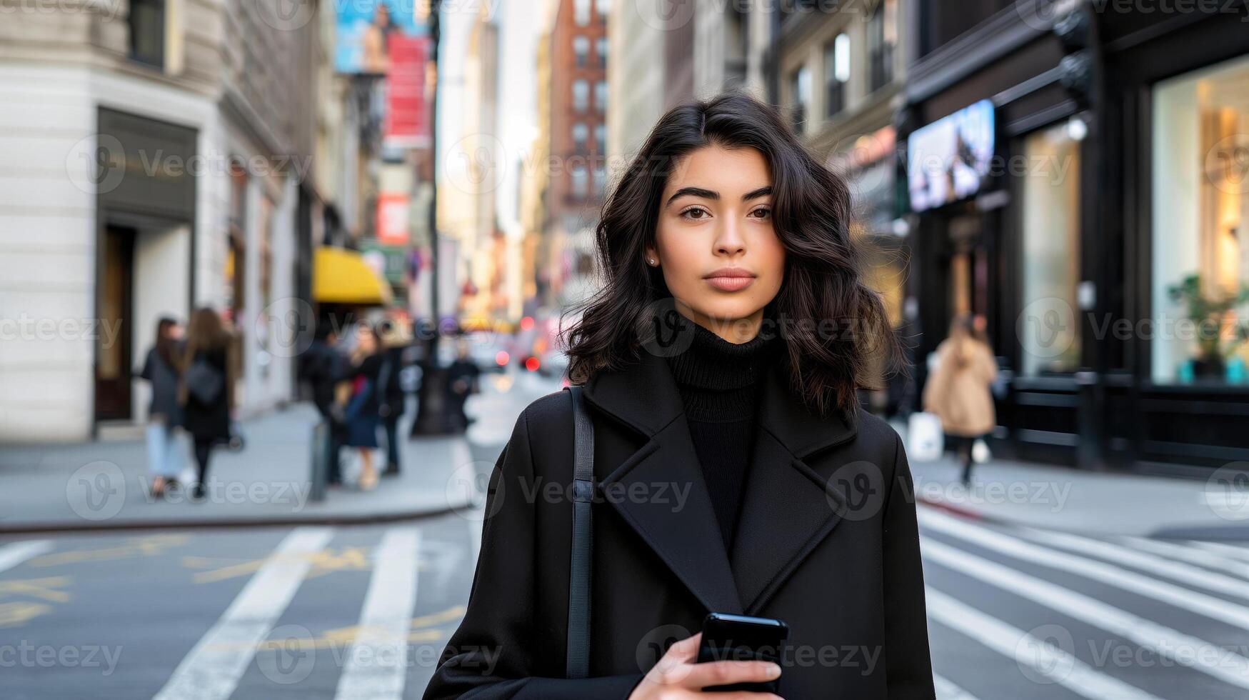 ai gegenereerd bedrijf voldoet aan straat stijl, bedrijf vrouw toepassingen haar mobiel telefoon Aan de straat, generatief ai foto