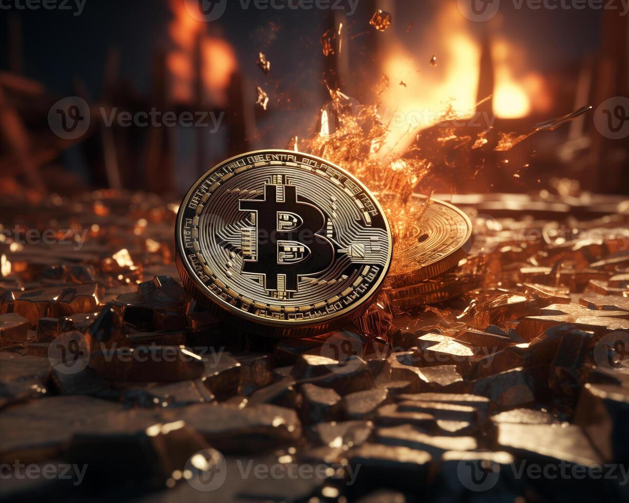 ai gegenereerd een gebroken of gebarsten bitcoins. concept van een cryptogeld markt crisis foto