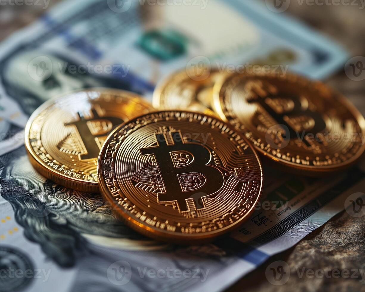 ai gegenereerd bitcoin goud munten en achtergrond met wazig dollar. virtueel cryptogeld concept foto