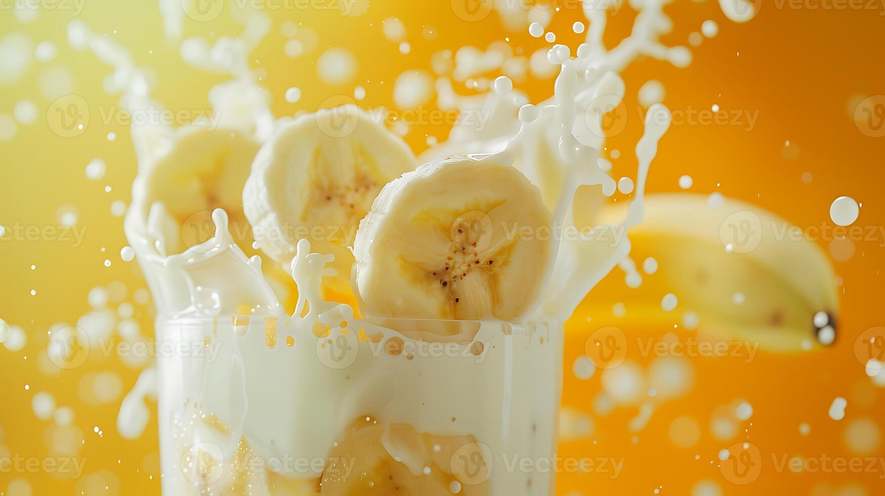 ai gegenereerd plons van milkshake met exploderend banaan plakjes te midden van melk spatten foto