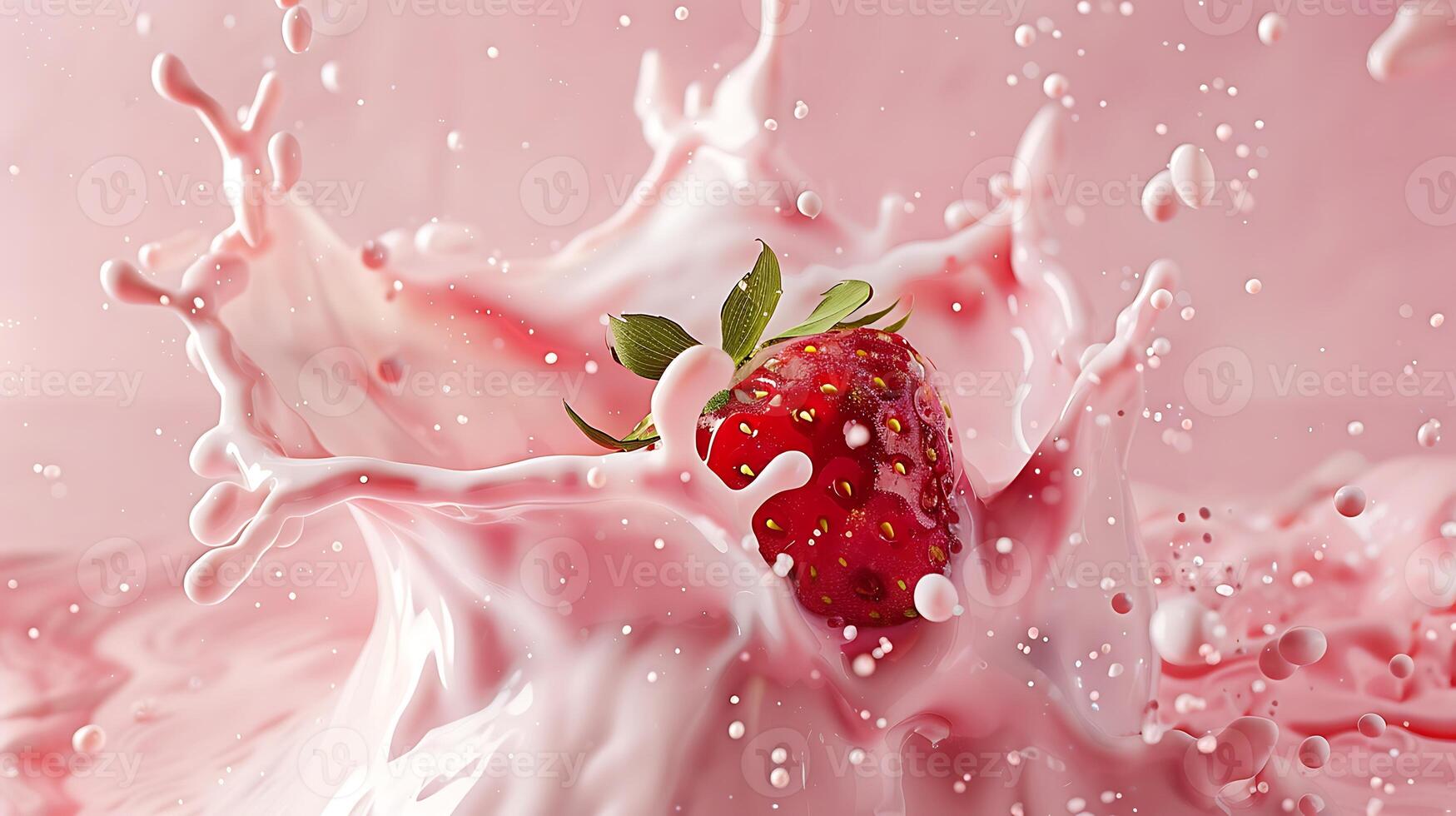 ai gegenereerd melk plons met aardbeien geïsoleerd Aan roze achtergrond foto