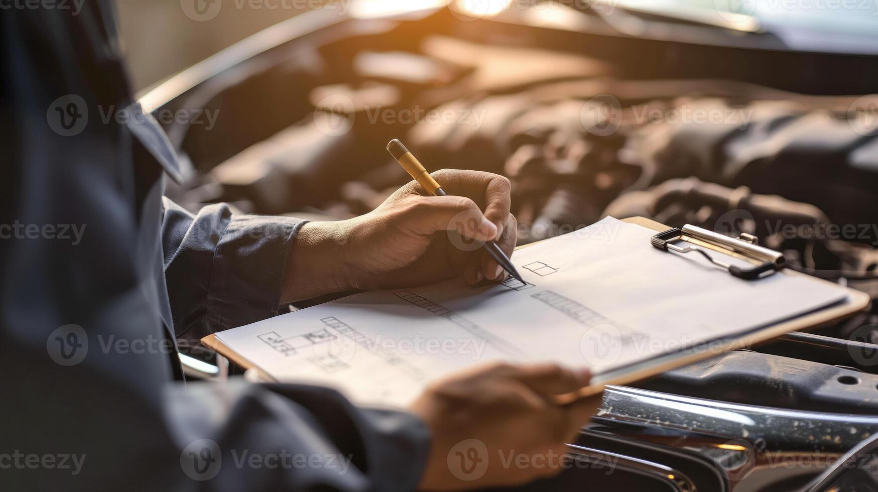 ai gegenereerd auto- reparatie monteur inspecteren een auto en schrijven Aan klembord Bij een garage, generatief ai foto