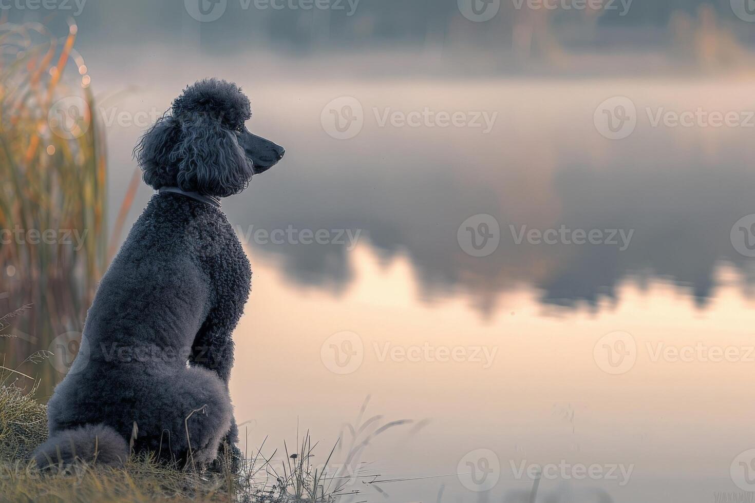 ai gegenereerd een vorstelijk standaard- poedel zit sierlijk Aan de rand van een rustig meer, nemen in de sereen omgeving. foto