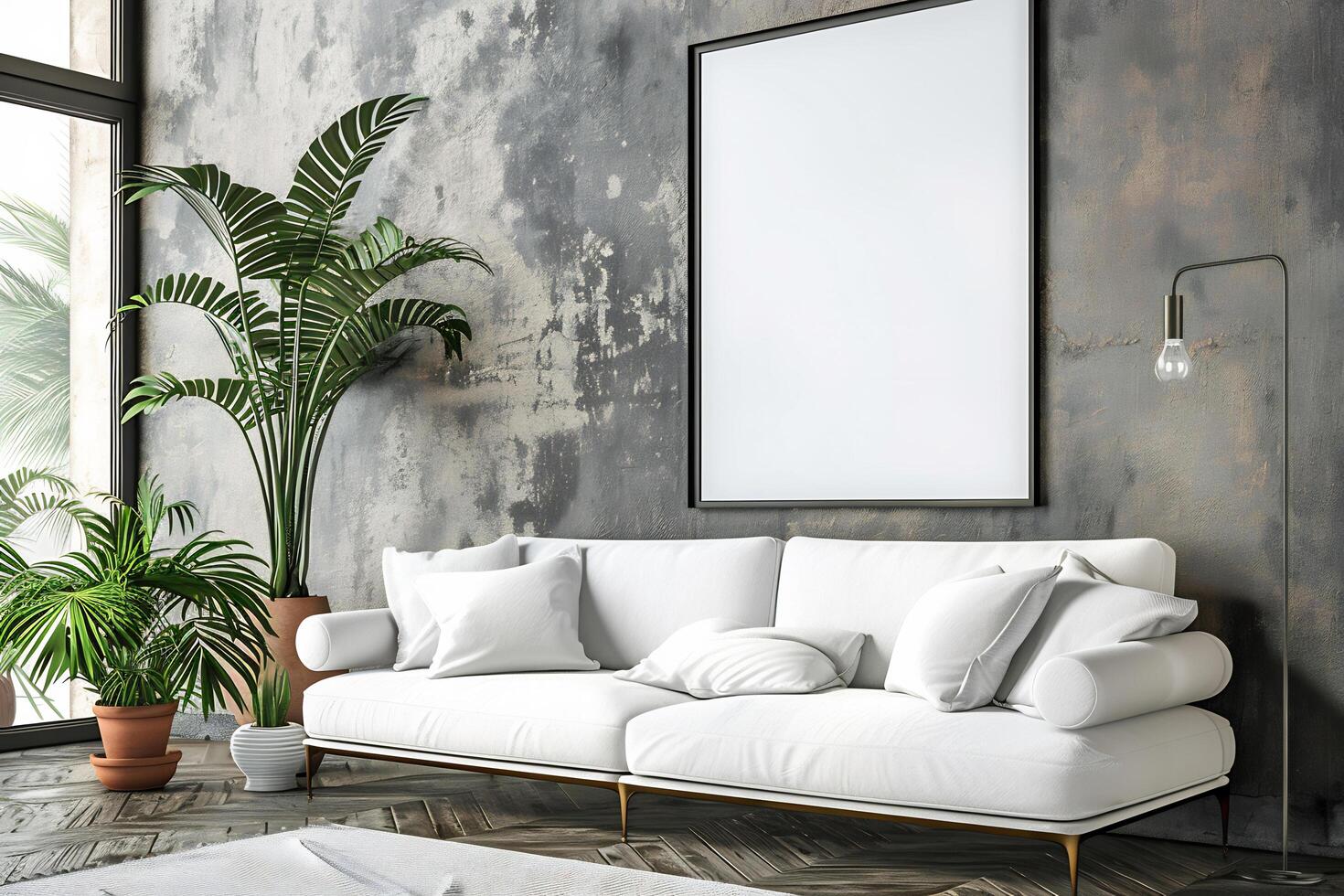 ai gegenereerd elegant leven kamer interieur met wit sofa en blanco wit canvas Aan de muur foto