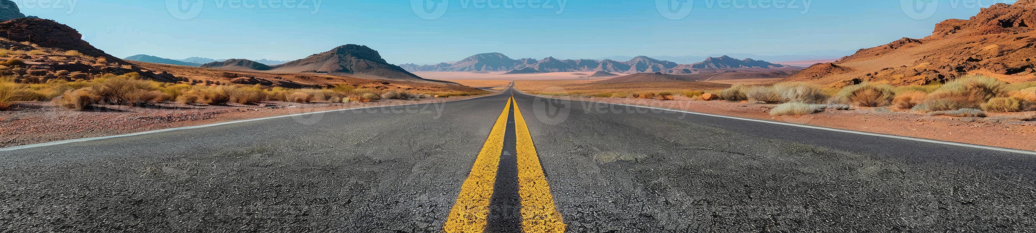 ai gegenereerd weg in de woestijn, geel verkeer lijn foto
