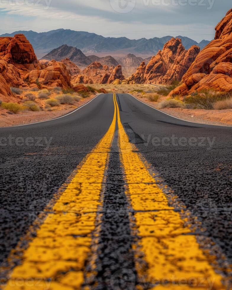 ai gegenereerd weg in de woestijn, geel verkeer lijn foto