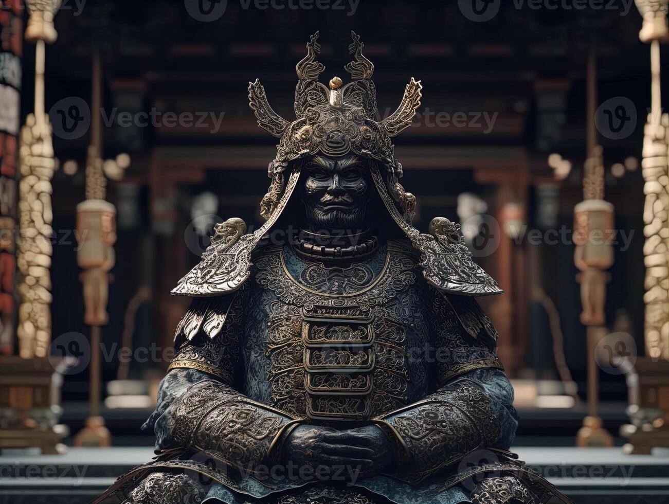 ai gegenereerd donker fantasie samurai standbeeld foto
