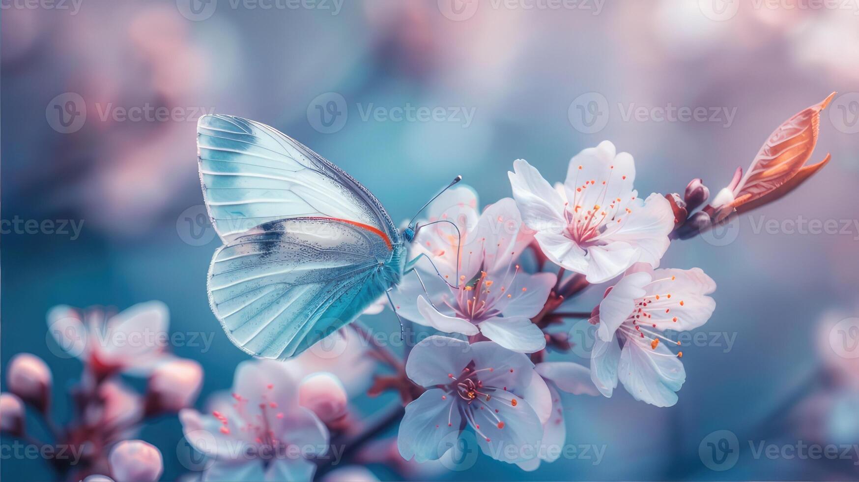 ai gegenereerd een vlinder zitstokken Aan een kers bloesem tak, bestuiven de roze bloemen foto