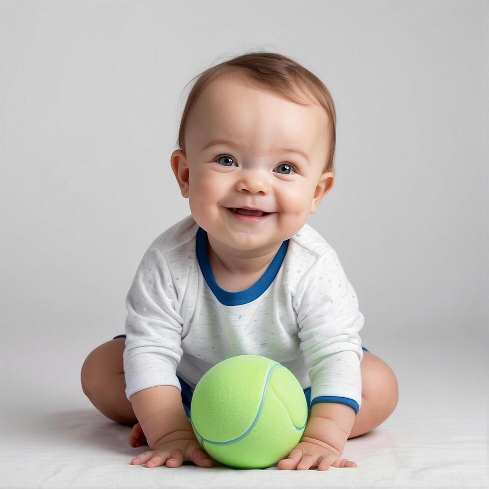 ai gegenereerd een baby glimlachen met een groen tennis bal foto