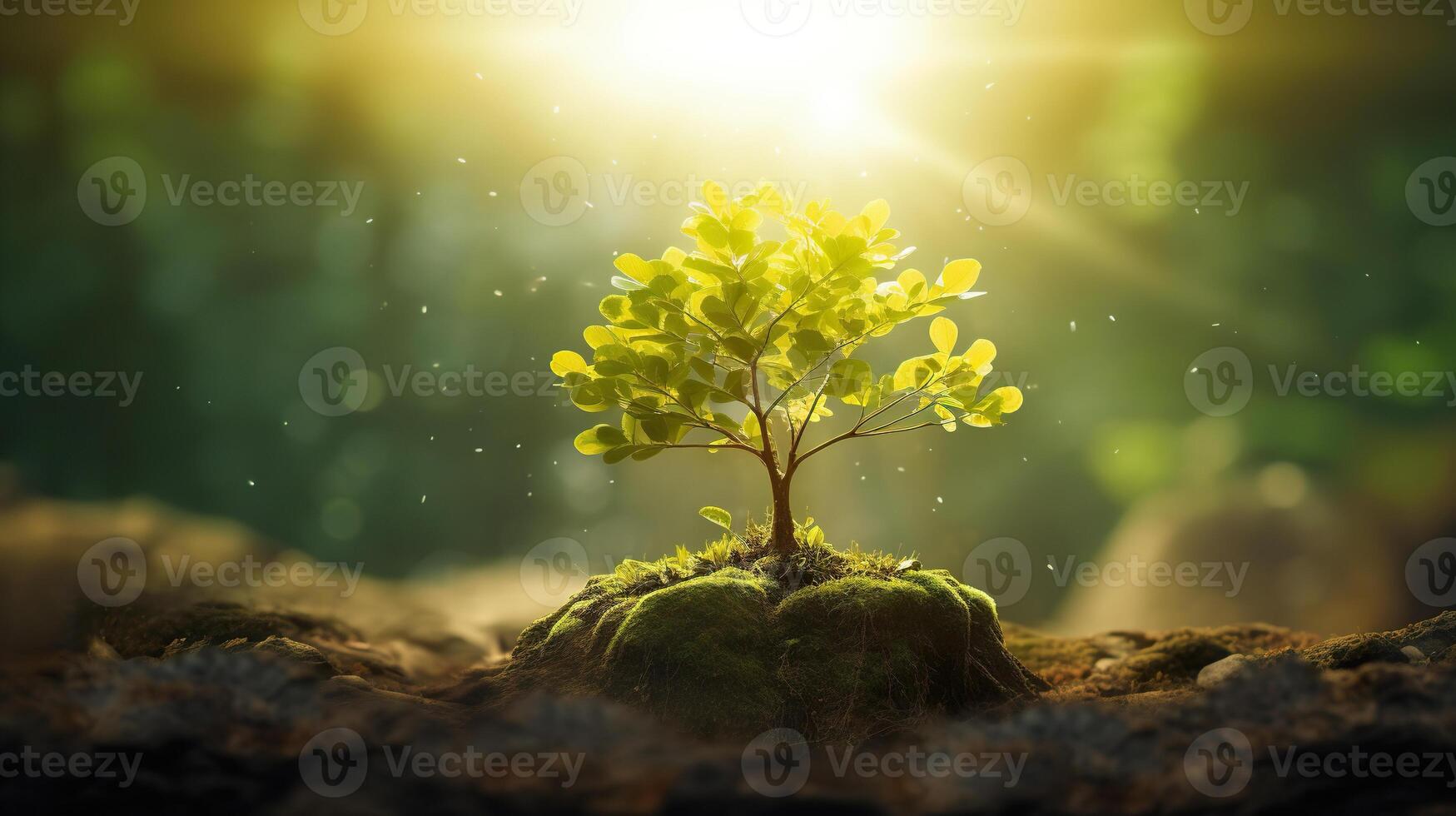 ai gegenereerd klein spruit zaailing van een boom in zonlicht. symbool van ecologie, natuur en de begin van leven en groei concept foto