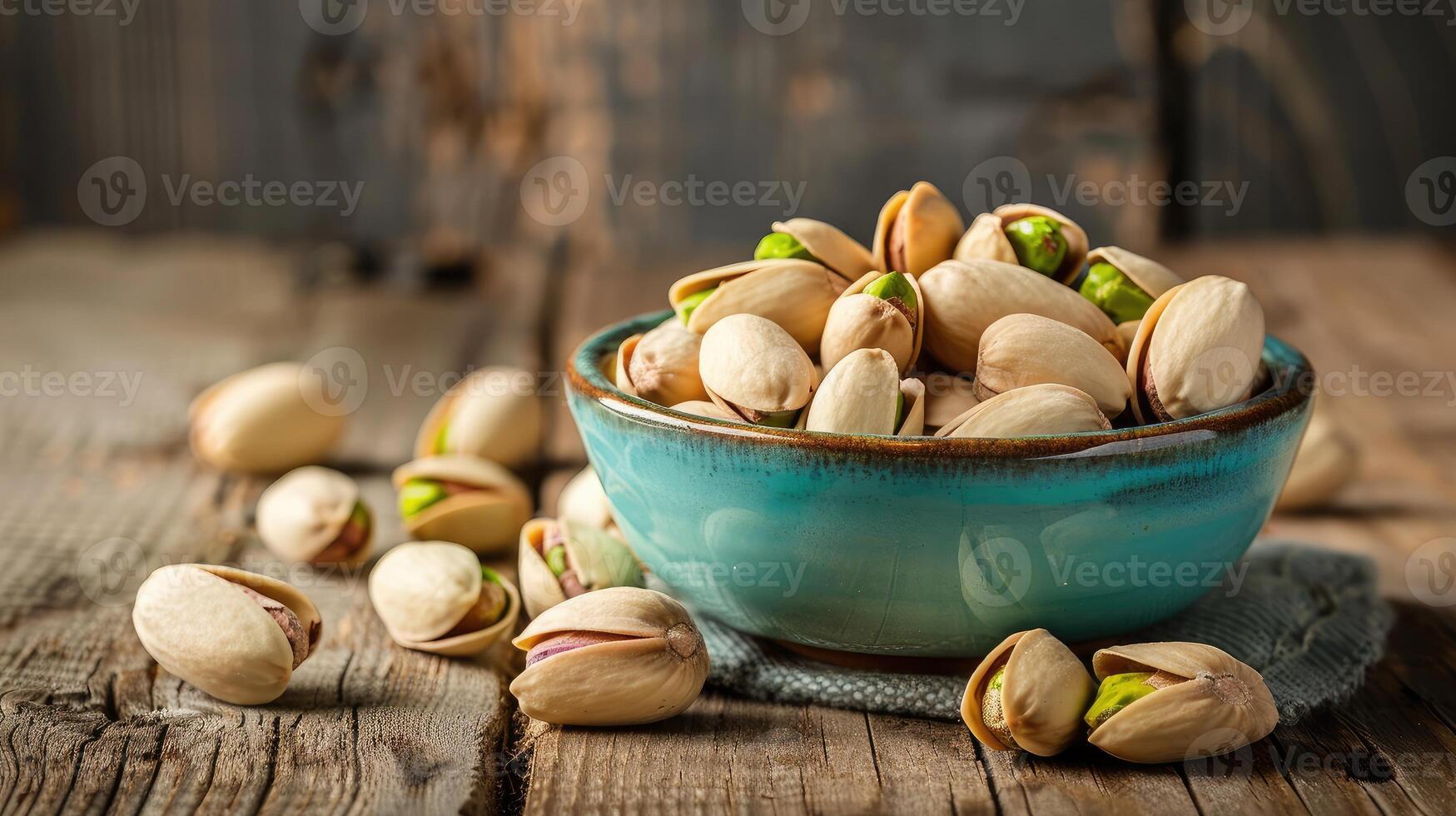 ai gegenereerd kom met pistachenoten Aan een houten tafel. foto