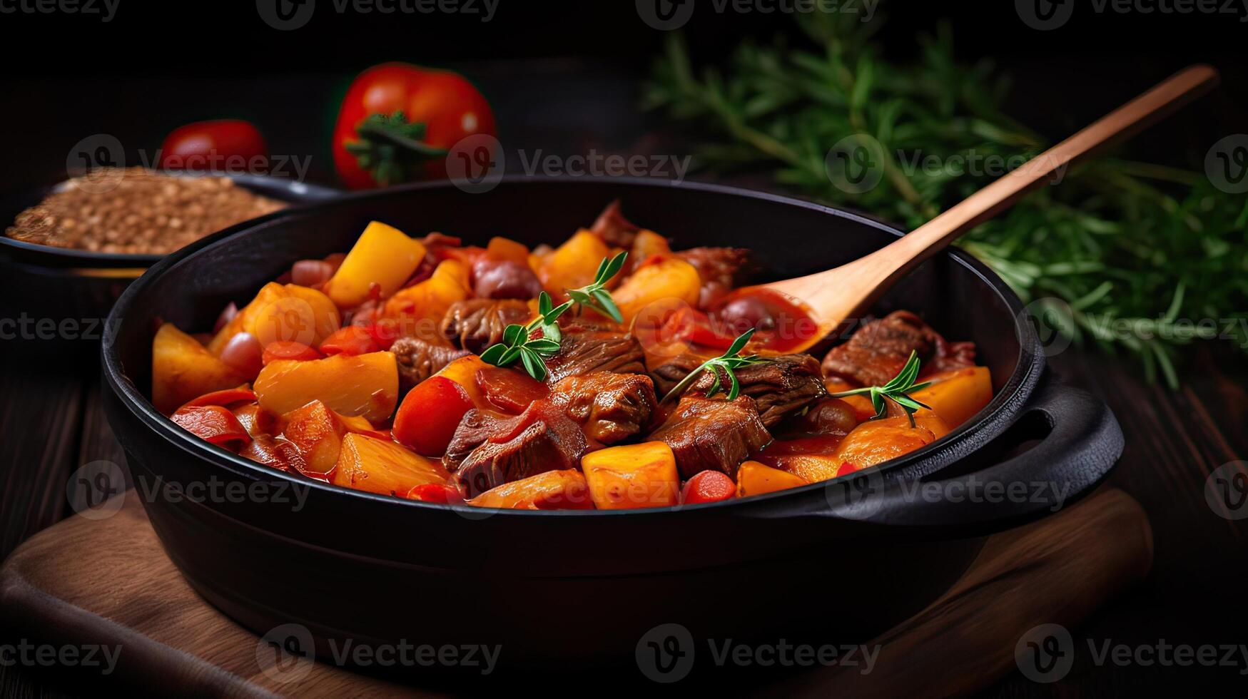 ai gegenereerd traditioneel goulash gestoofd vlees met aardappelen wortels foto