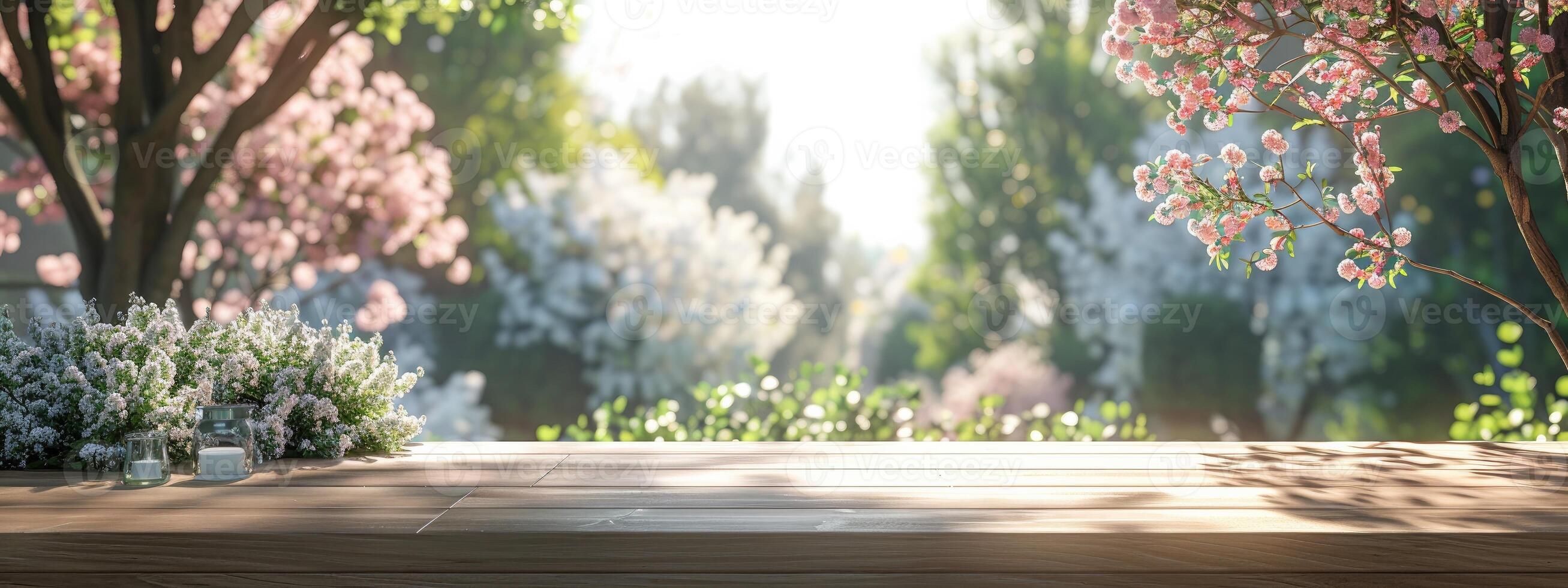 ai gegenereerd voorjaar tafel met bomen in bloeien en onscherp zonnig tuin in achtergrond foto