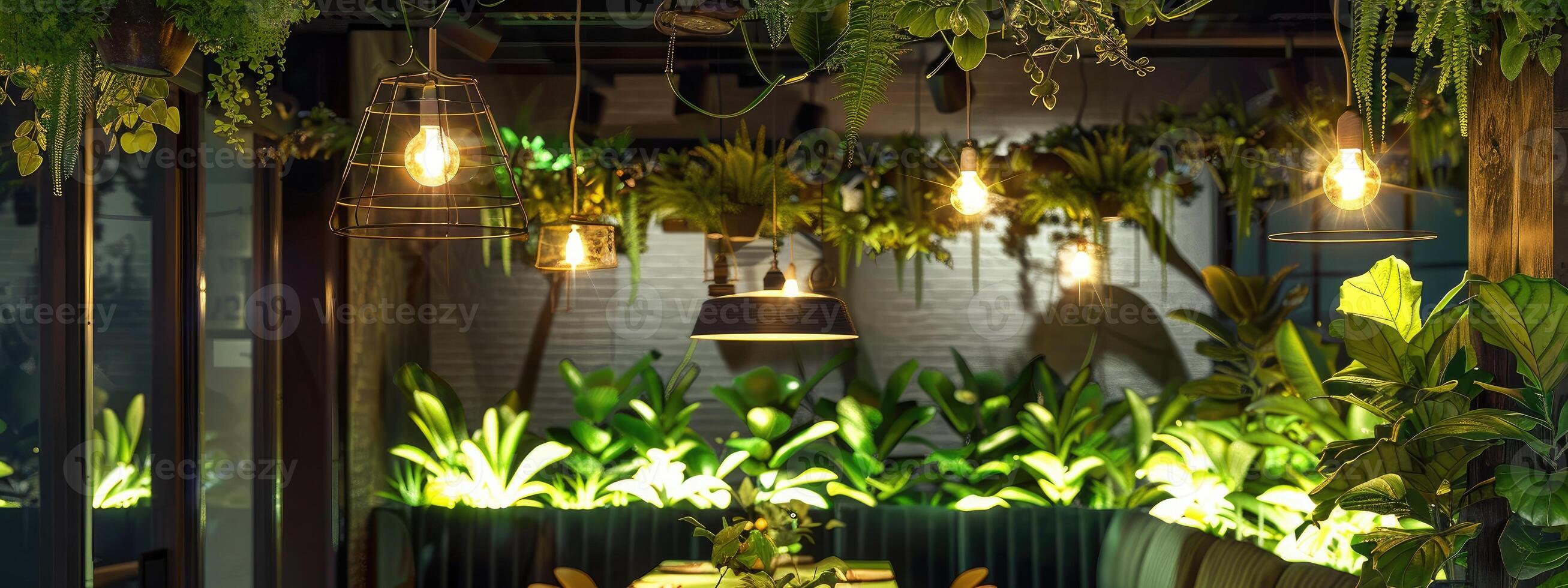 ai gegenereerd eco restaurant met lichten foto