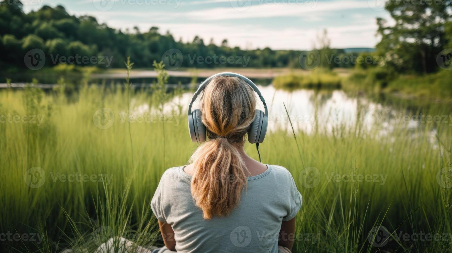 ai gegenereerd muziek- therapie, harmonie, mentaal Gezondheid concept. mooi jong vrouw genieten van muziek- met hoofdtelefoons buitenshuis. vrouw vervelend hoofdtelefoons genieten van muziek- en mooi zo gevoel foto