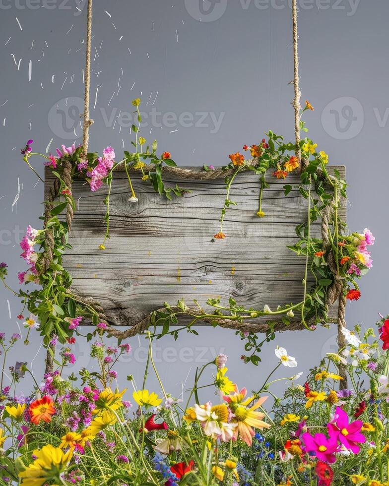 ai gegenereerd een handgemaakt houten teken hing door Liaan touwen en omringd door kleurrijk bloemen foto