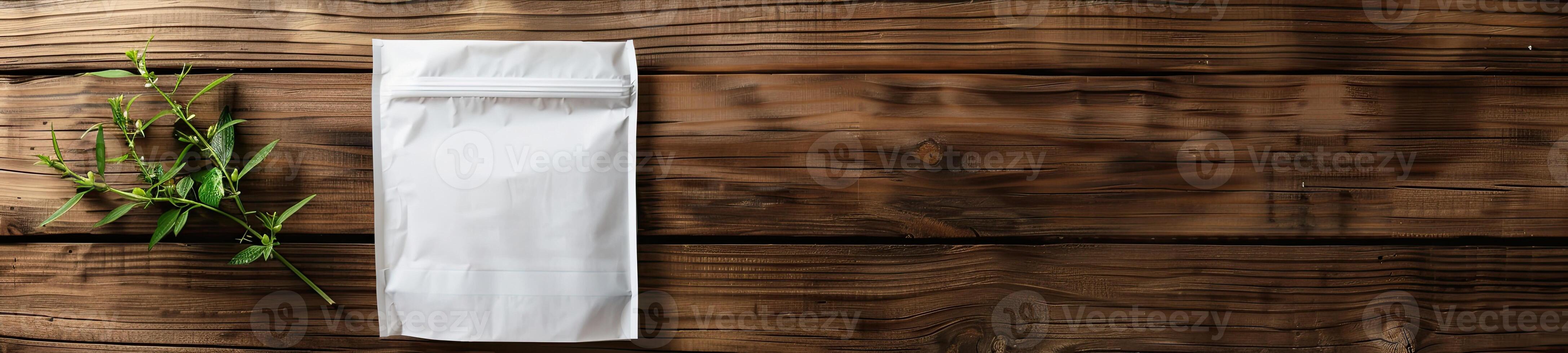 ai gegenereerd wit verpakking zak model, Aan een houten tafel foto