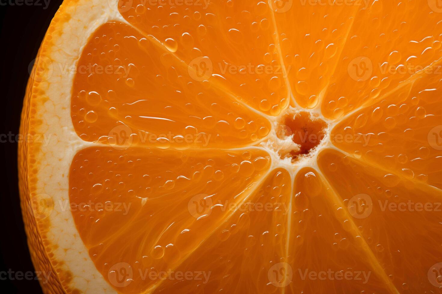 ai gegenereerd detailopname van een sappig oranje voor de helft met water druppels, markeren de versheid en natuurlijk structuur van de fruit foto
