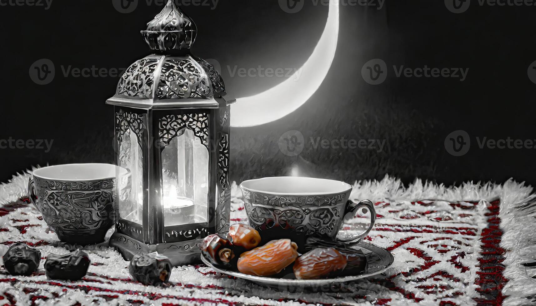 ai gegenereerd traditioneel Ramadan en eid lantaarn lamp met halve maan maan, datums en fruit in een kom Aan tapijt, gegenereerd ai foto