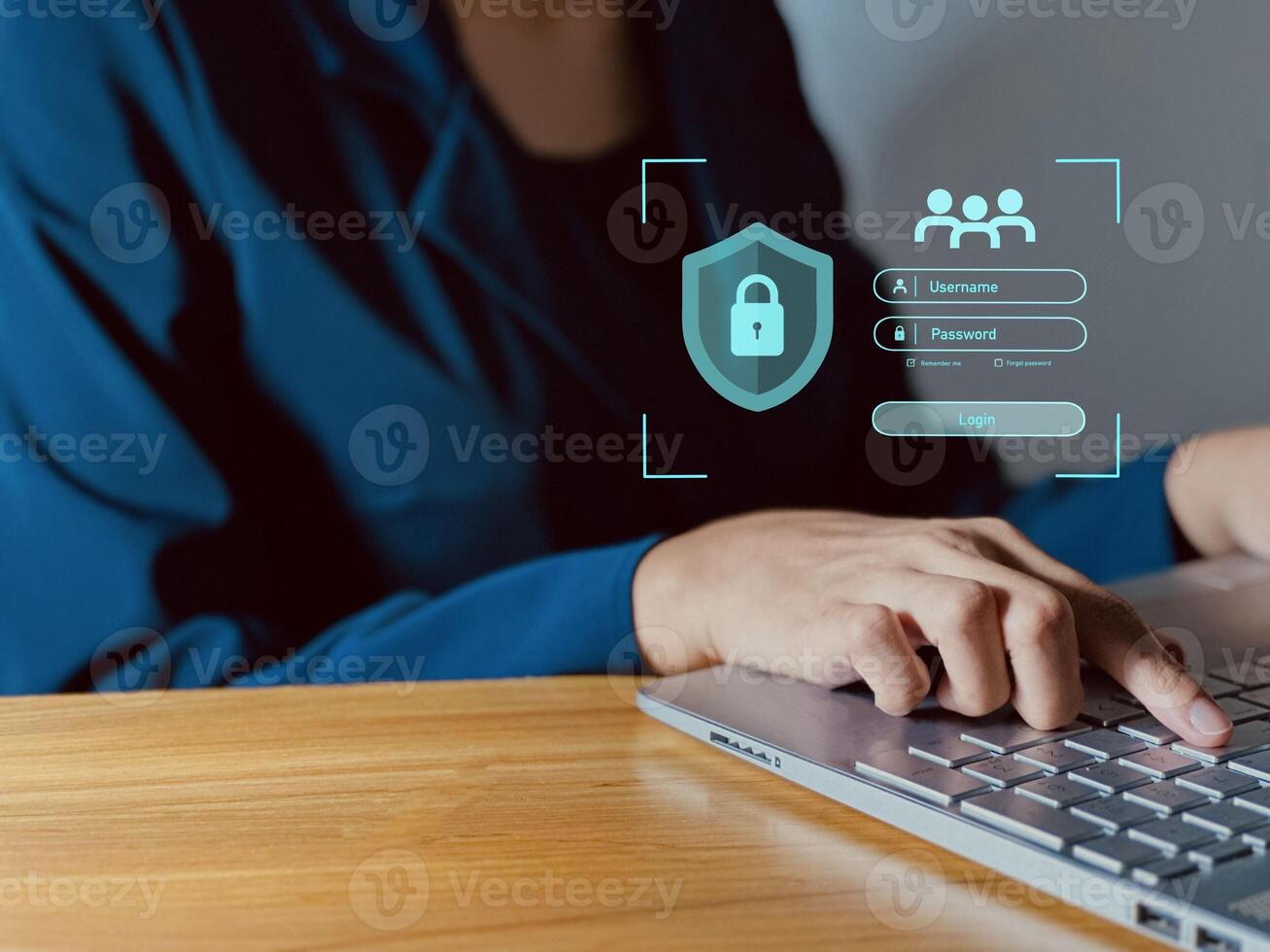 bedrijf vrouw typen Aan laptop computer toetsenbord naar invoeren gebruikersnaam en wachtwoord voor technologie veiligheid systeem. cyber veiligheid concept. foto
