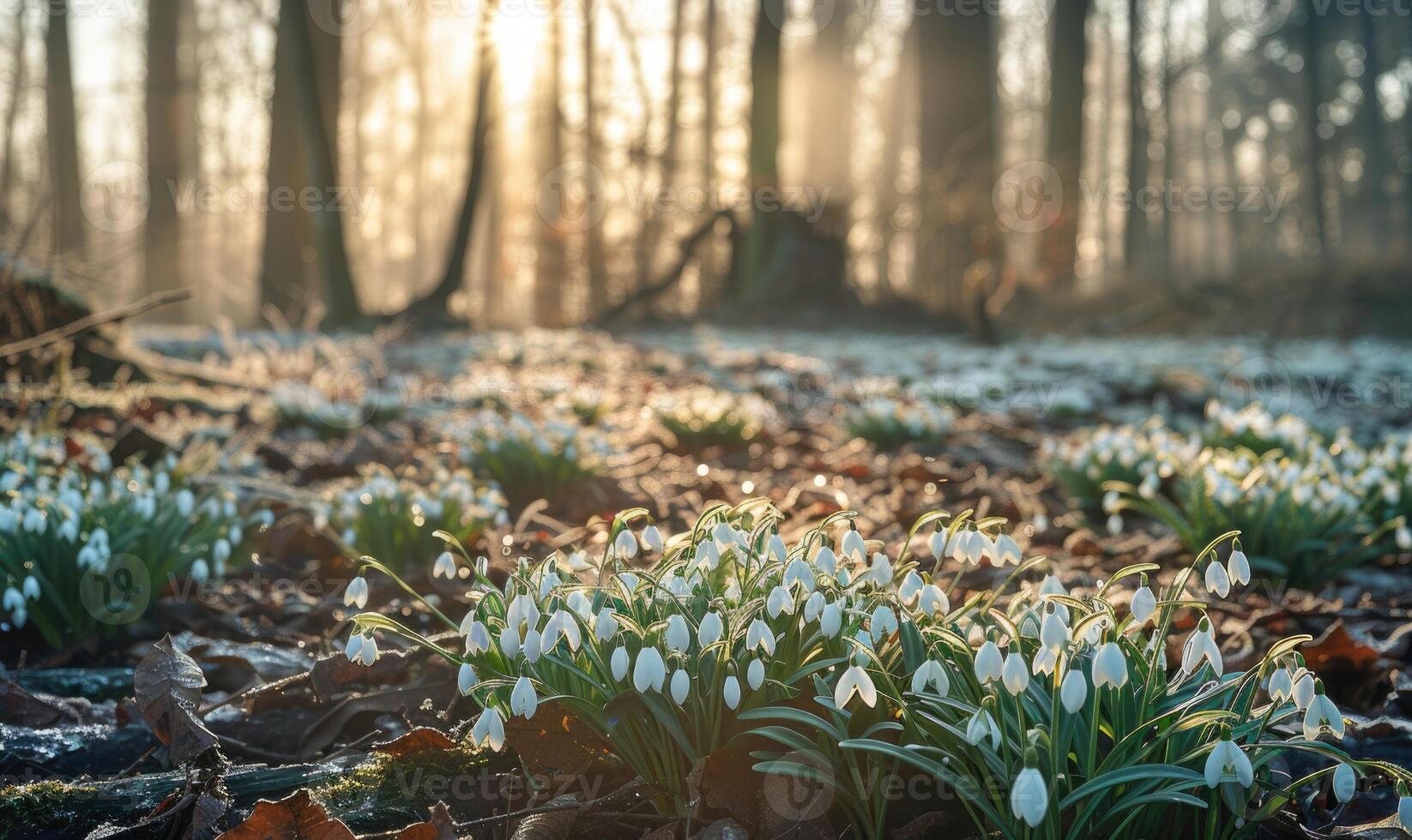 ai gegenereerd sneeuwklokjes in een Woud opruimen, voorjaar natuur achtergrond foto