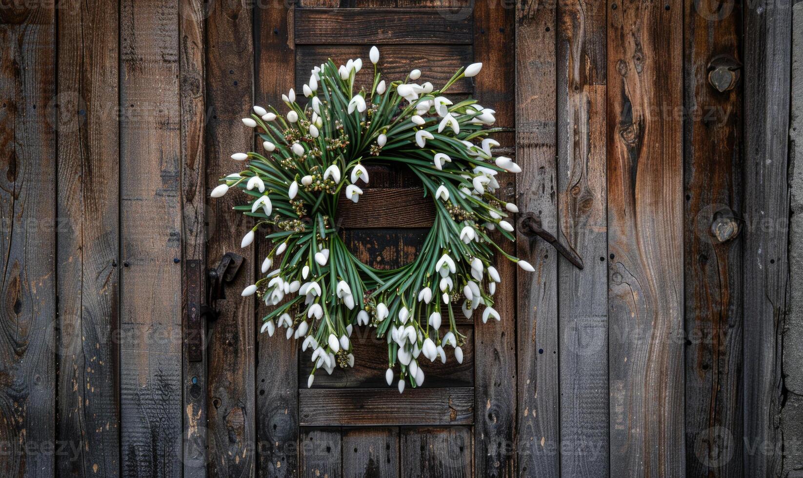 ai gegenereerd sneeuwklokjes krans Aan een houten deur foto