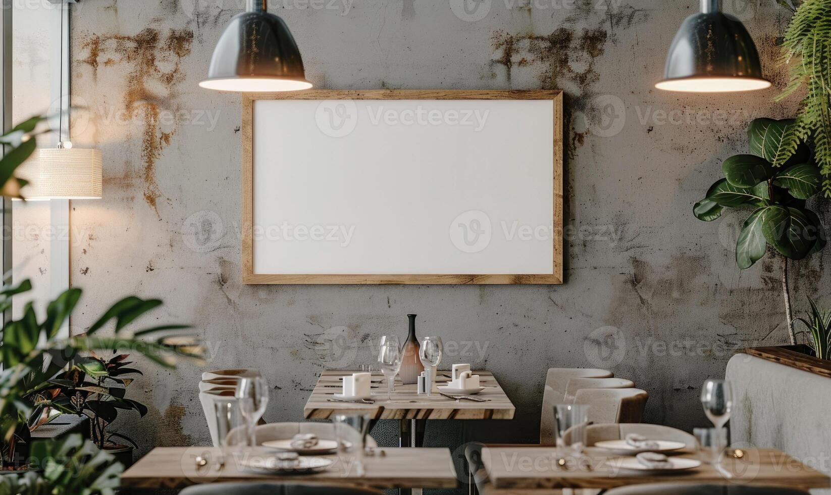 ai gegenereerd blanco menu bord Aan tafel in koffie winkel cafe. wazig achtergrond foto