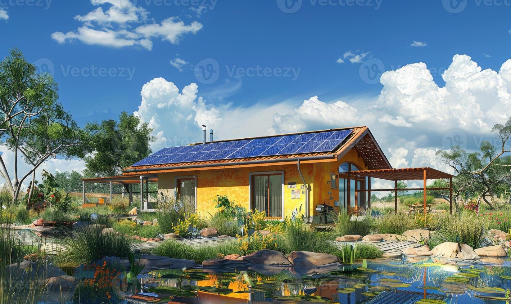 ai gegenereerd huis met zonne- panelen in de tuin. de concept van hernieuwbaar energie. foto