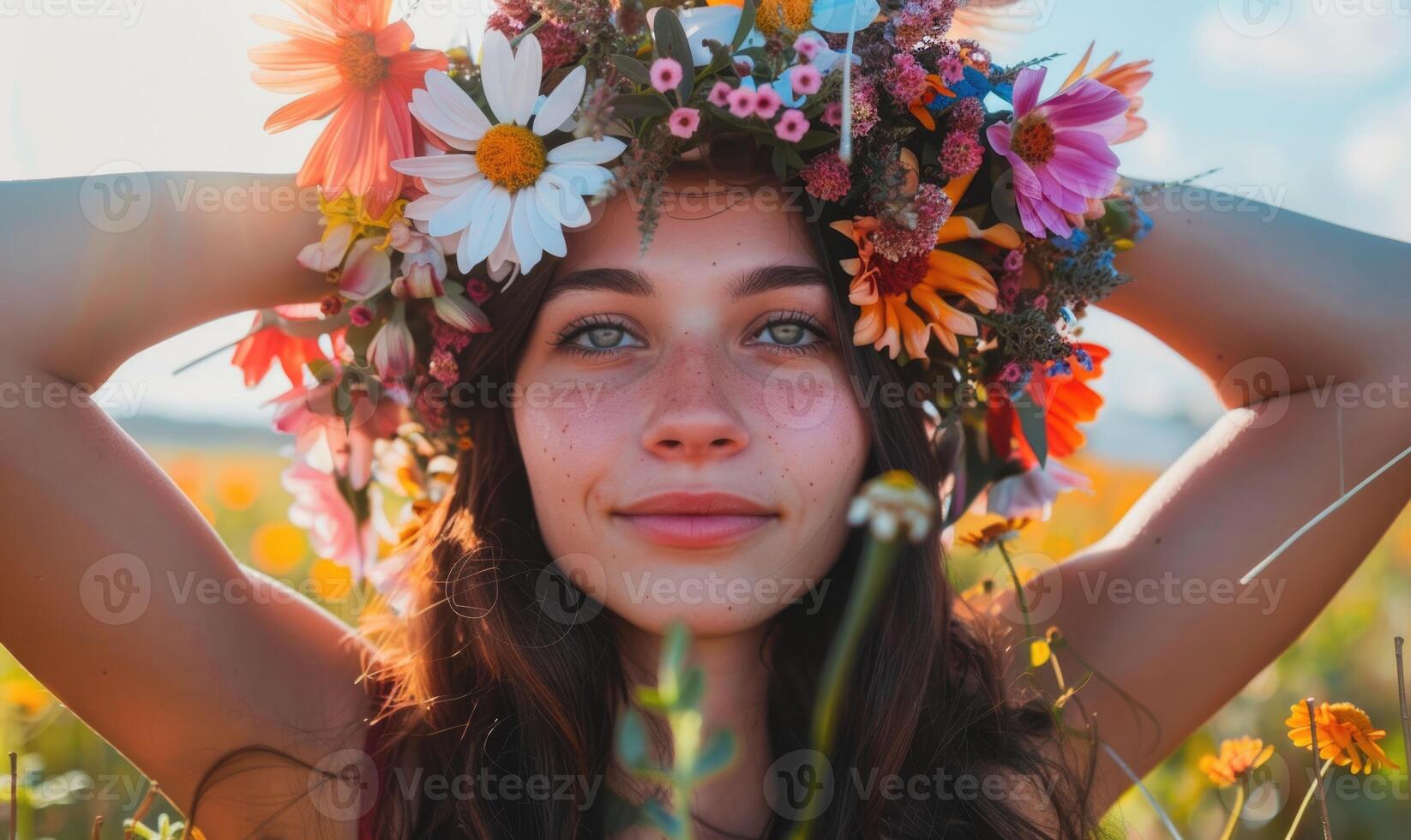ai gegenereerd mooi jong vrouw in een krans van bloemen Aan haar hoofd foto
