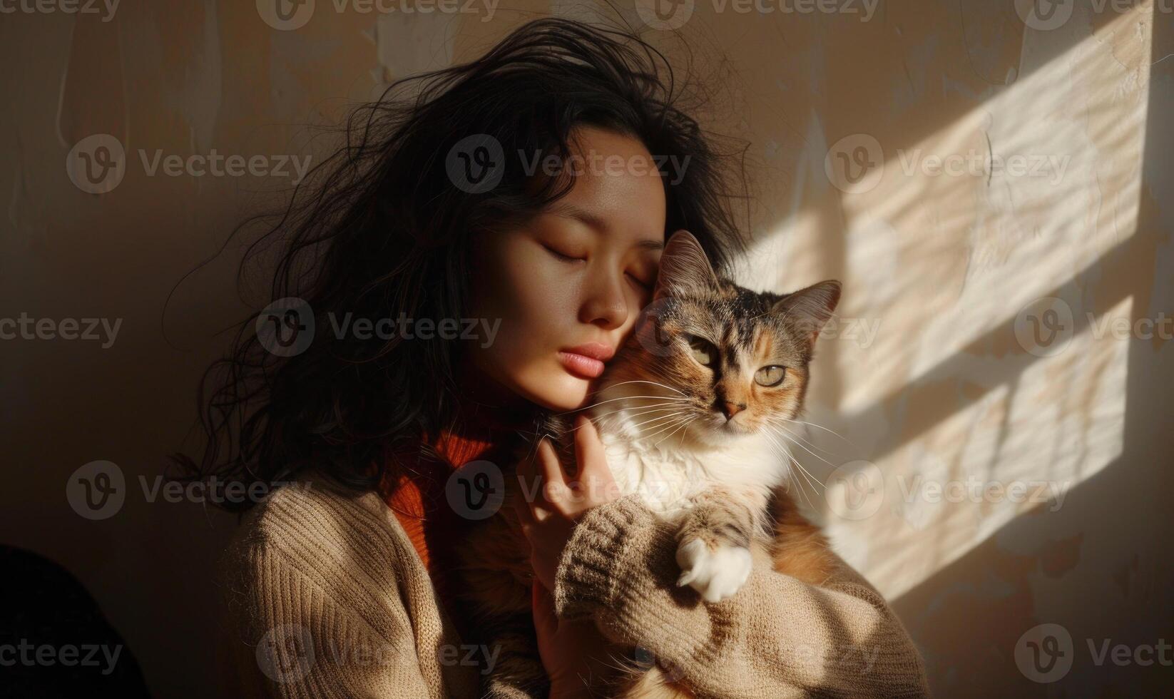 ai gegenereerd mooi jong vrouw in een warm trui met een kat in haar armen. foto