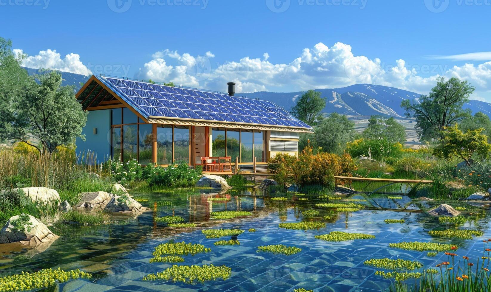 ai gegenereerd huis met zonne- panelen in de tuin. de concept van hernieuwbaar energie. foto