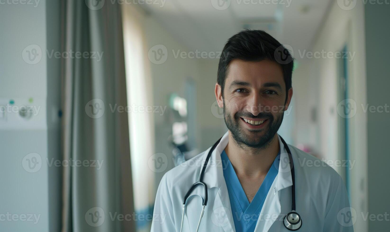 ai gegenereerd portret van glimlachen mannetje dokter met stethoscoop staand in ziekenhuis hal. foto