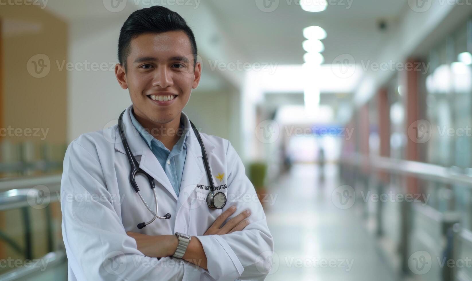 ai gegenereerd portret van glimlachen mannetje dokter met stethoscoop staand in ziekenhuis hal. foto