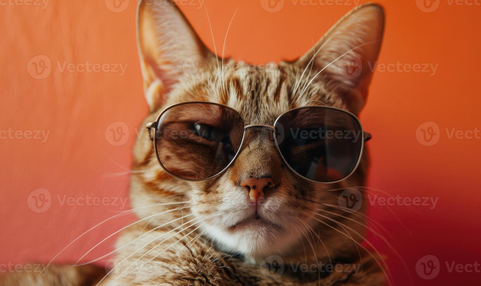ai gegenereerd portret van een kat vervelend zonnebril Aan een rood achtergrond. kopiëren ruimte. foto