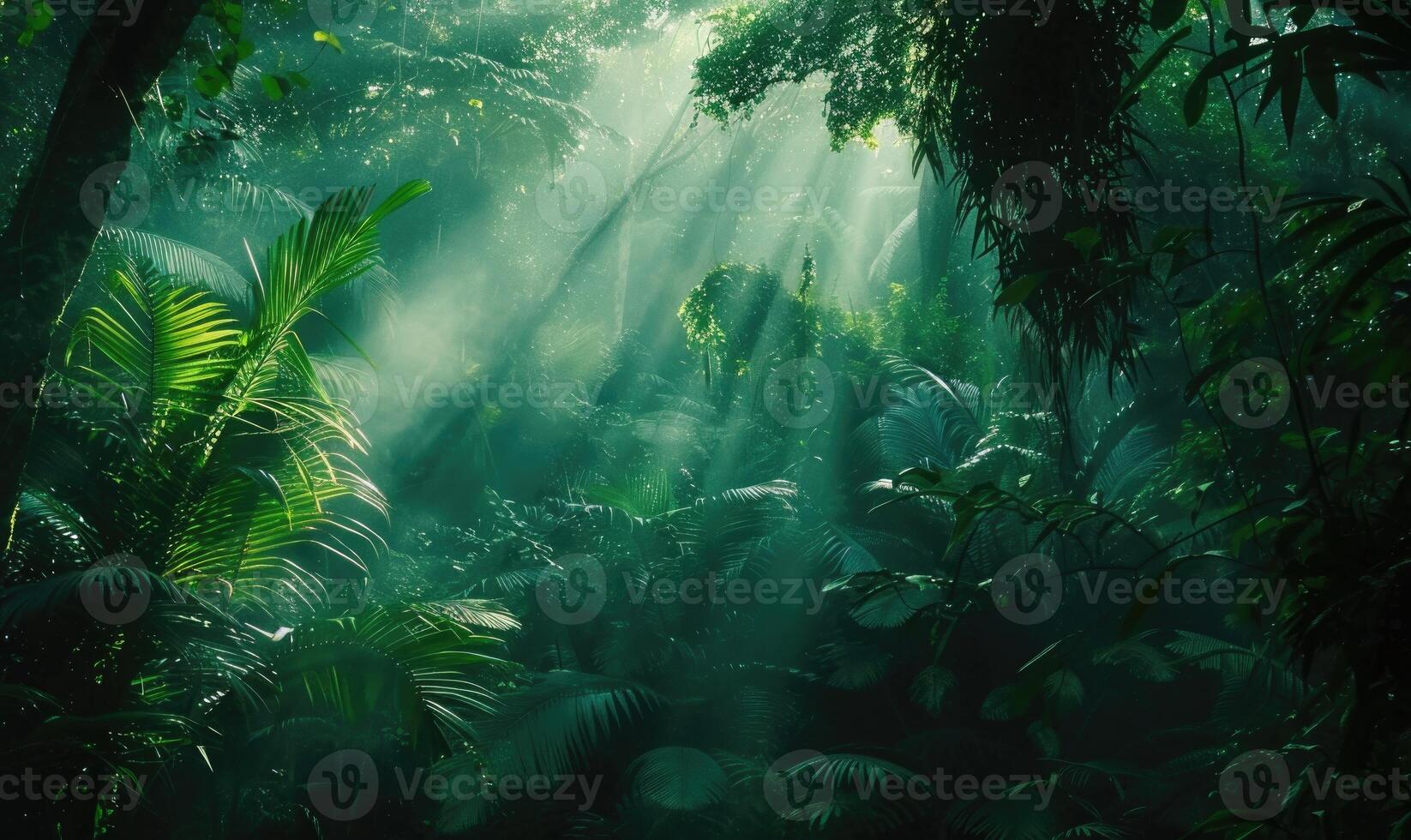 ai gegenereerd tropisch regenwoud met zonnestralen en stralen van licht foto