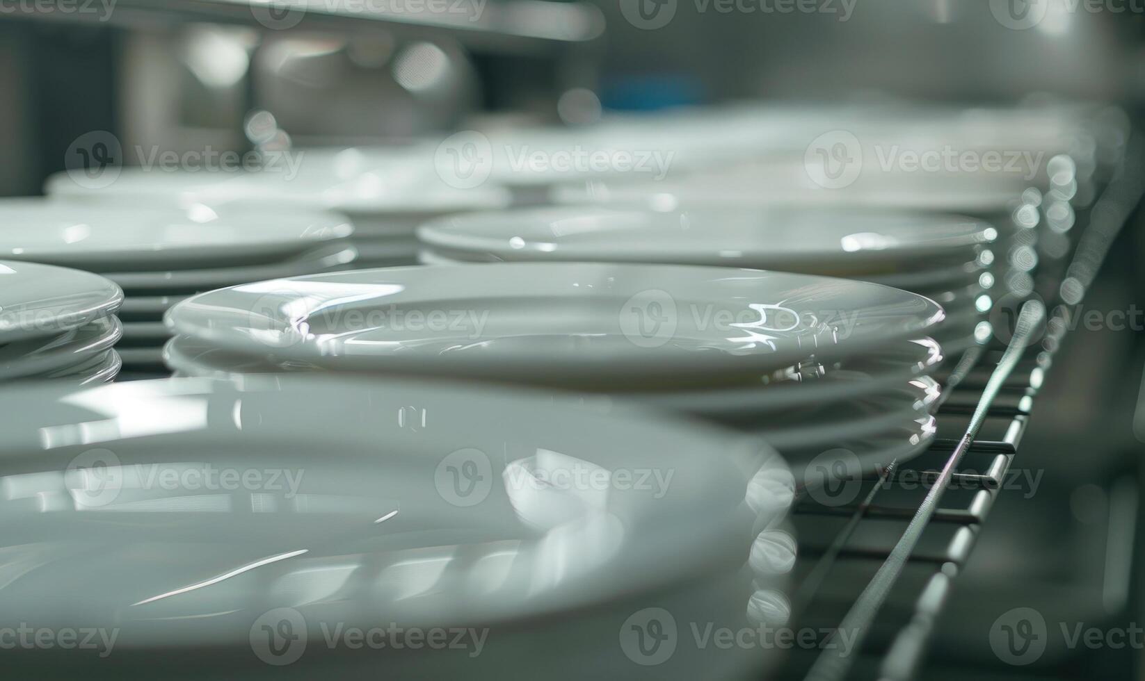 ai gegenereerd dichtbij omhoog van schoon wit borden in een rij in een voedsel fabriek foto