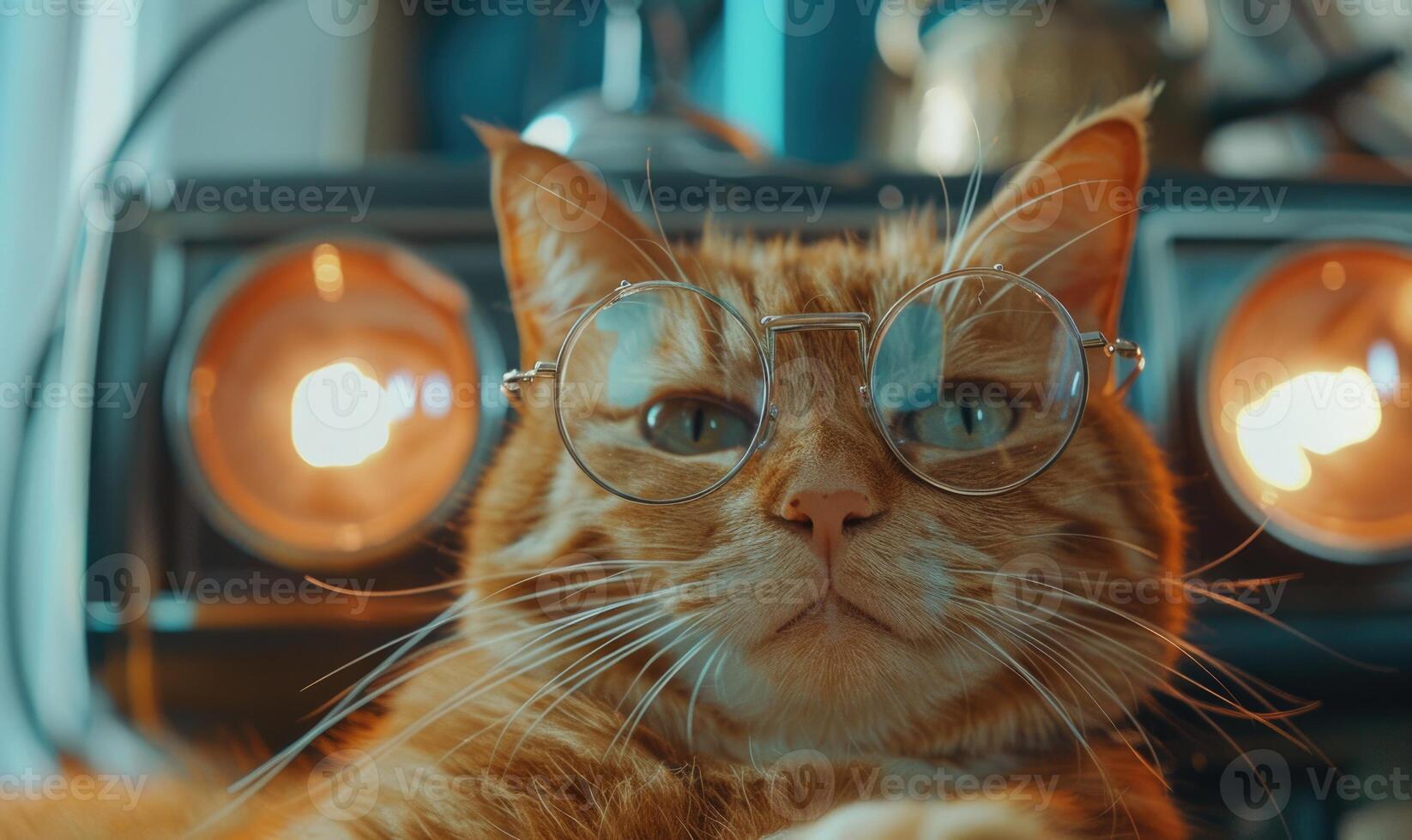ai gegenereerd schattig gember kat vervelend bril en op zoek Bij camera. foto