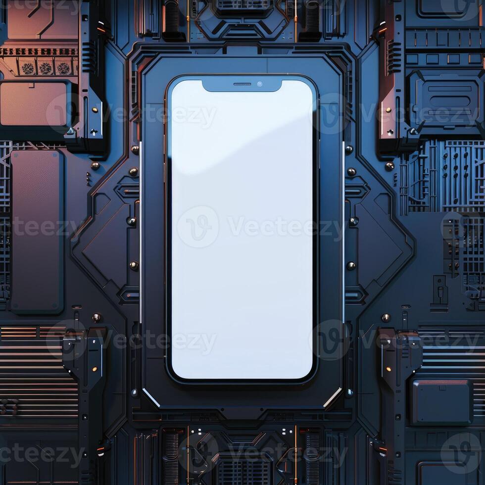 ai gegenereerd smartphone mockup met een blanco scherm Aan een futuristische technologie achtergrond foto