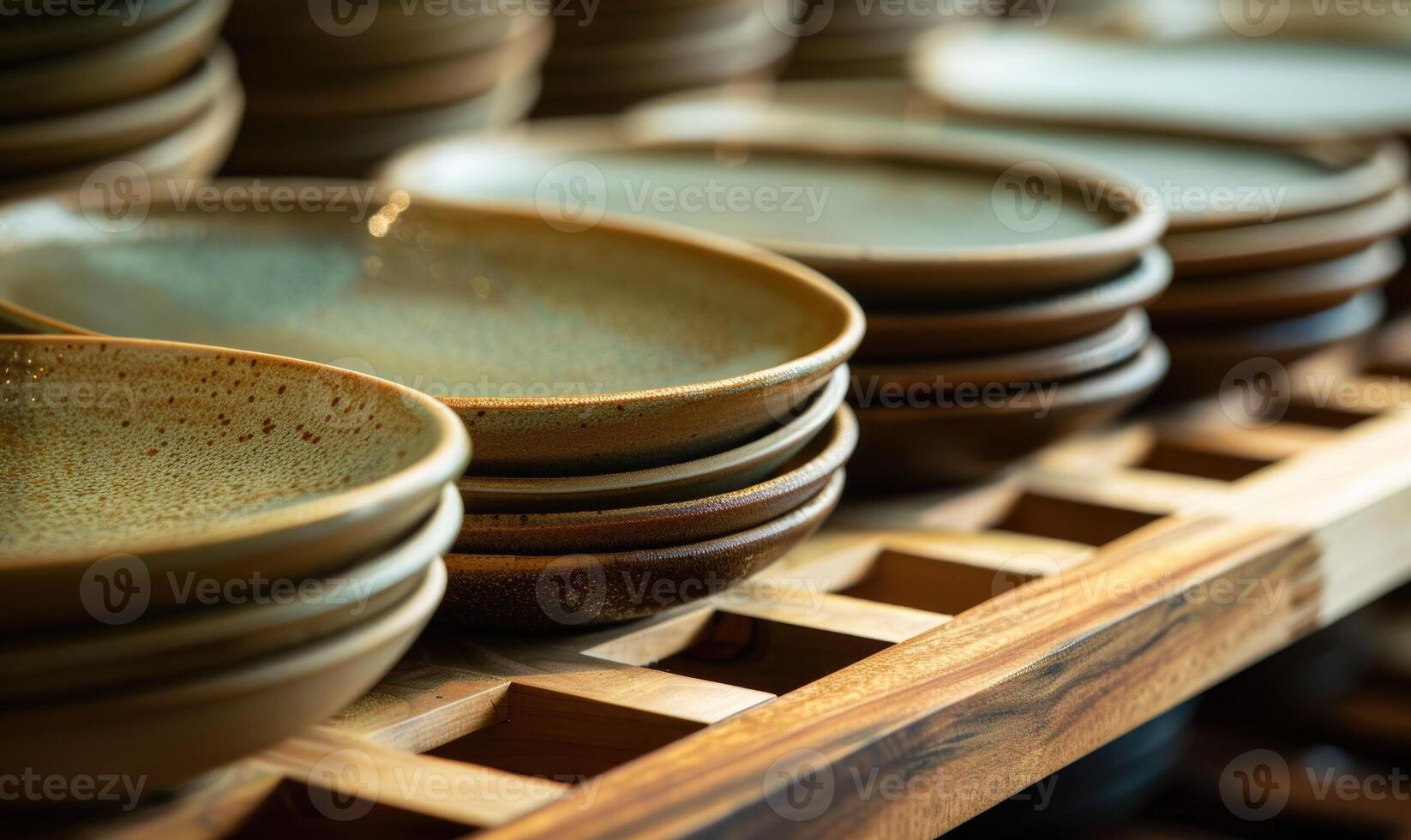 ai gegenereerd keramisch borden en kommen Aan een plank in een Japans restaurant foto
