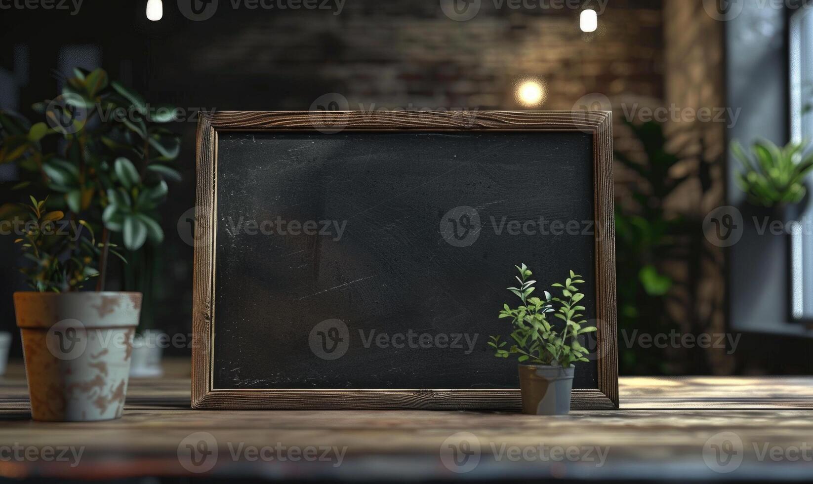 ai gegenereerd leeg schoolbord Aan houten tafel in koffie winkel. foto