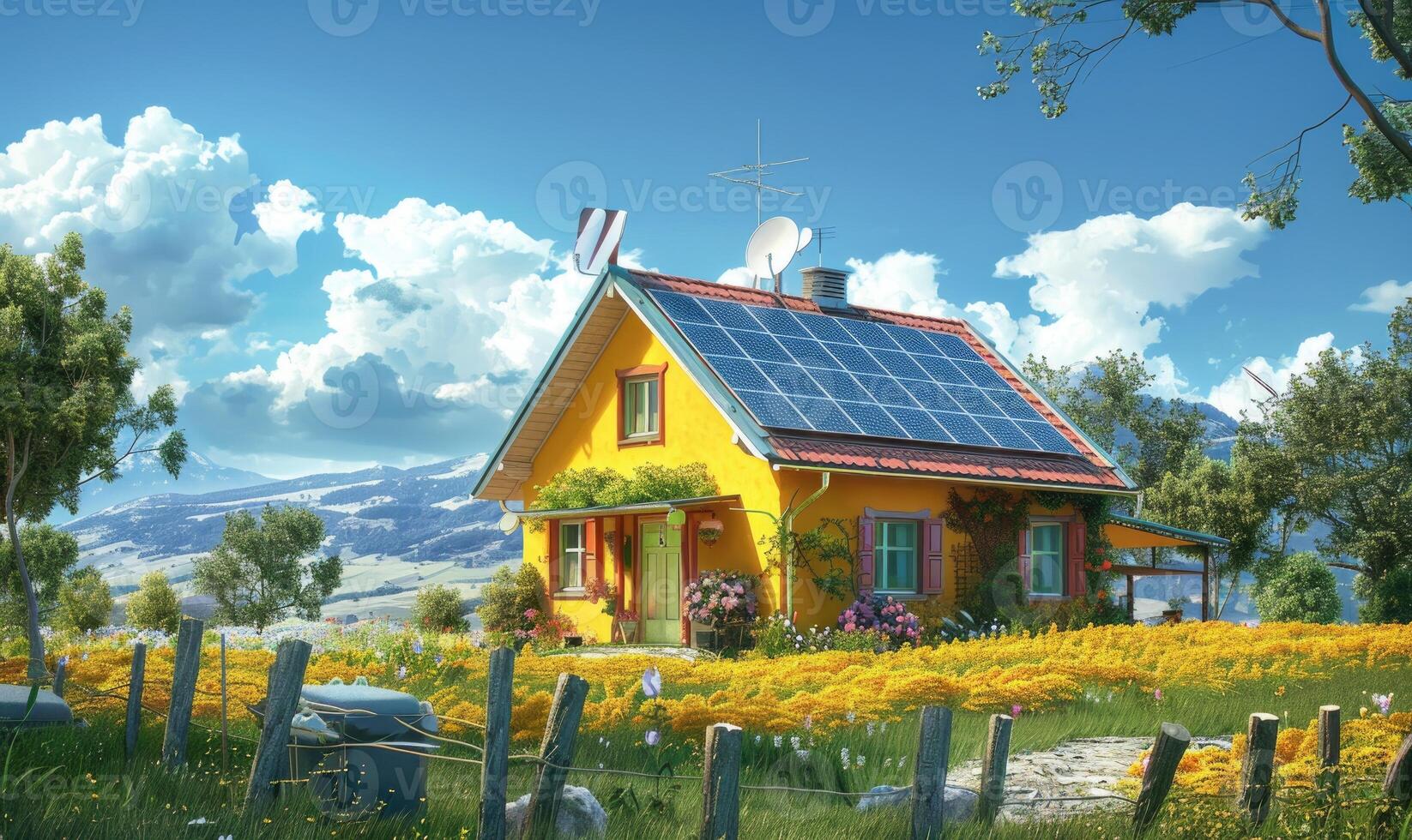 ai gegenereerd huis met zonne- panelen in de tuin. de concept van hernieuwbaar energie. foto