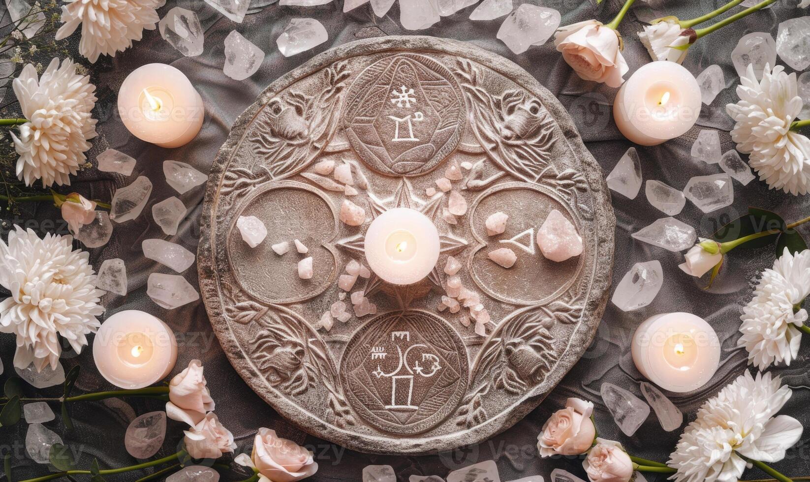 ai gegenereerd astrologisch symbolen Aan een zwart steen met kaarsen en bloemen. foto