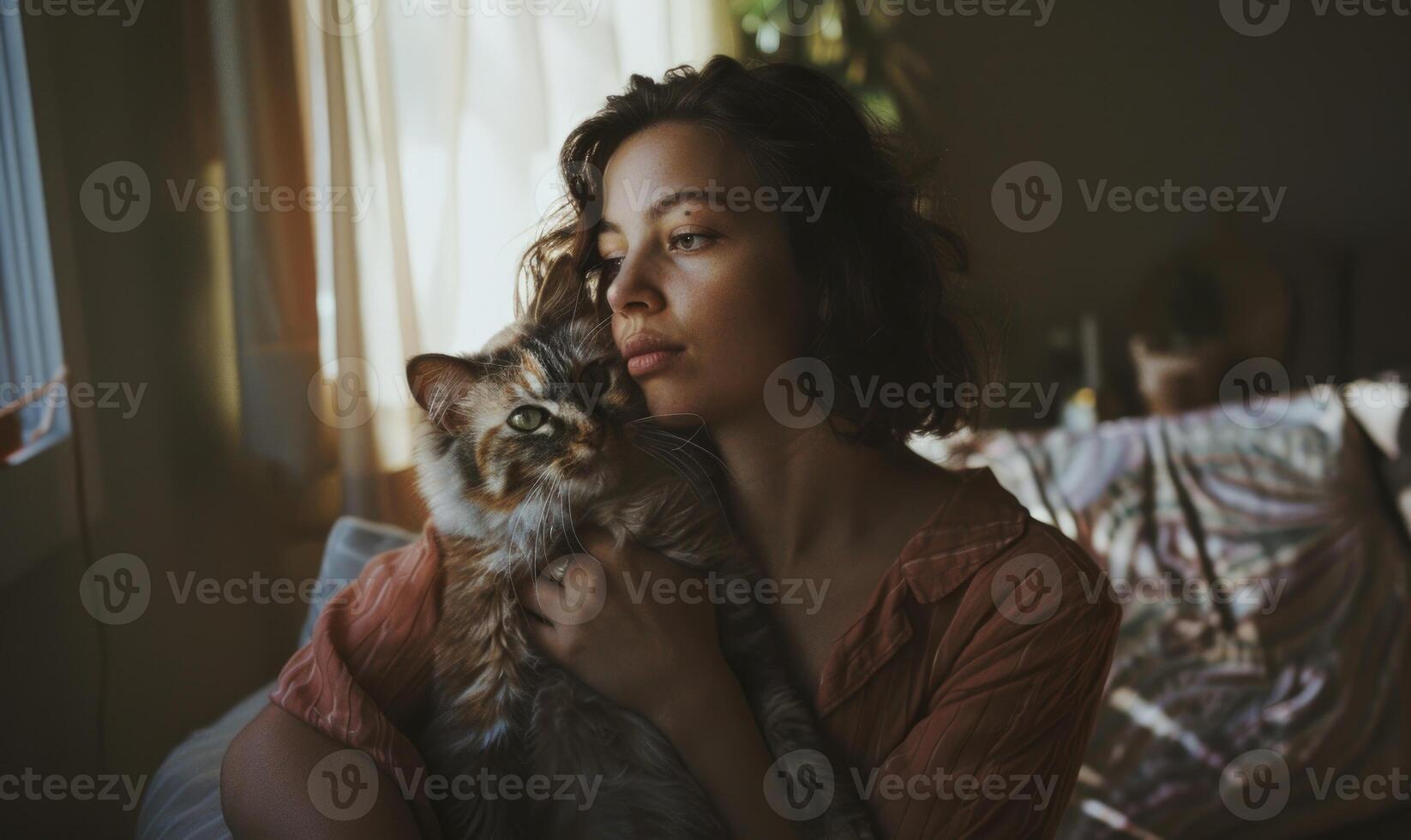 ai gegenereerd mooi jong vrouw met een kat Bij huis in de ochtend. foto