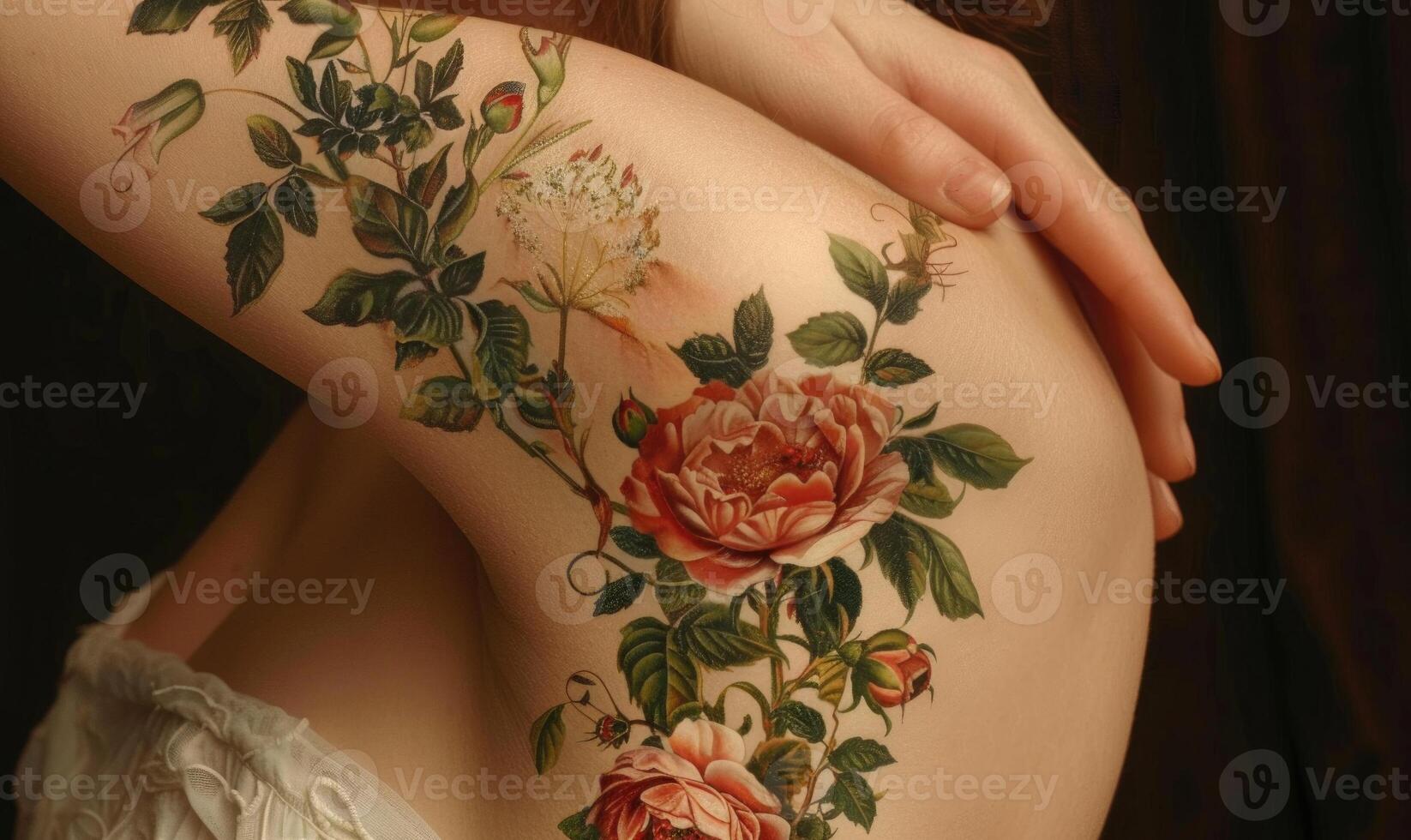 ai gegenereerd dichtbij omhoog visie van mooi vrouw lichaam met bloemen tatoeëren Aan haar arm foto