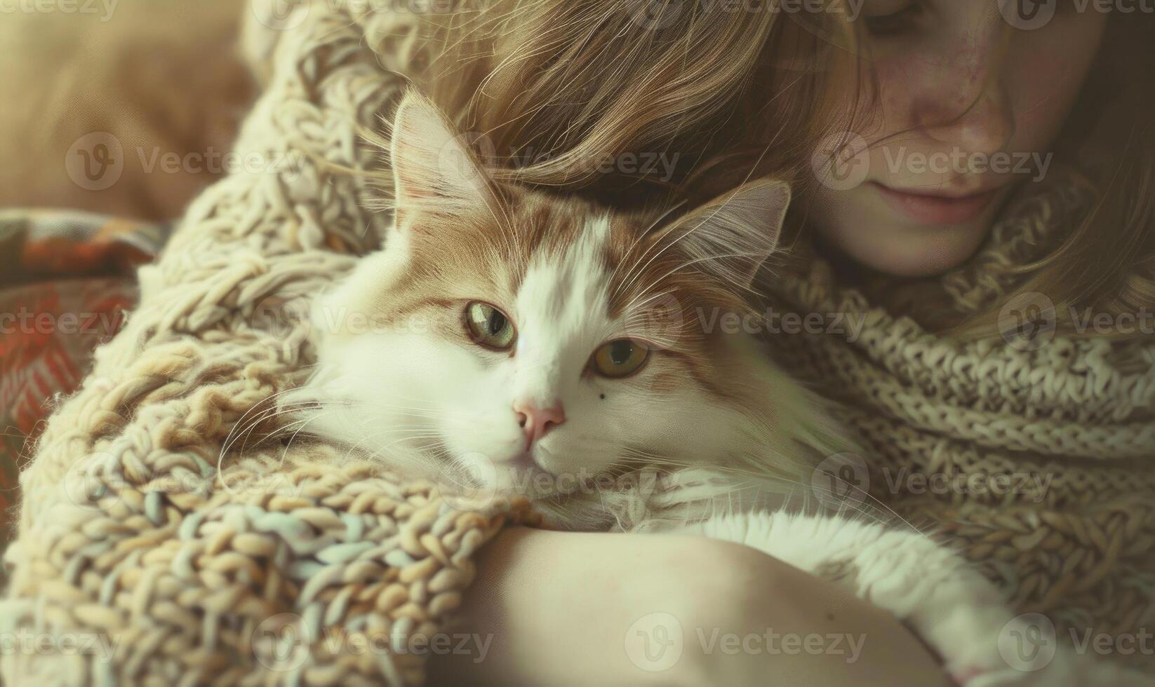 ai gegenereerd schattig gember kat aan het liegen in de armen van een jong vrouw. foto