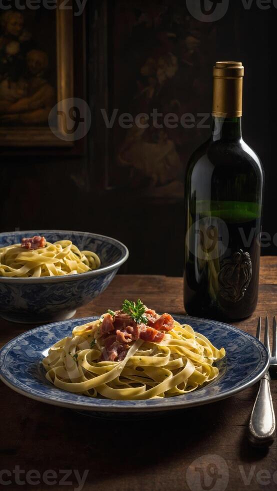 ai gegenereerd pasta met vlees, groenten en wijn foto