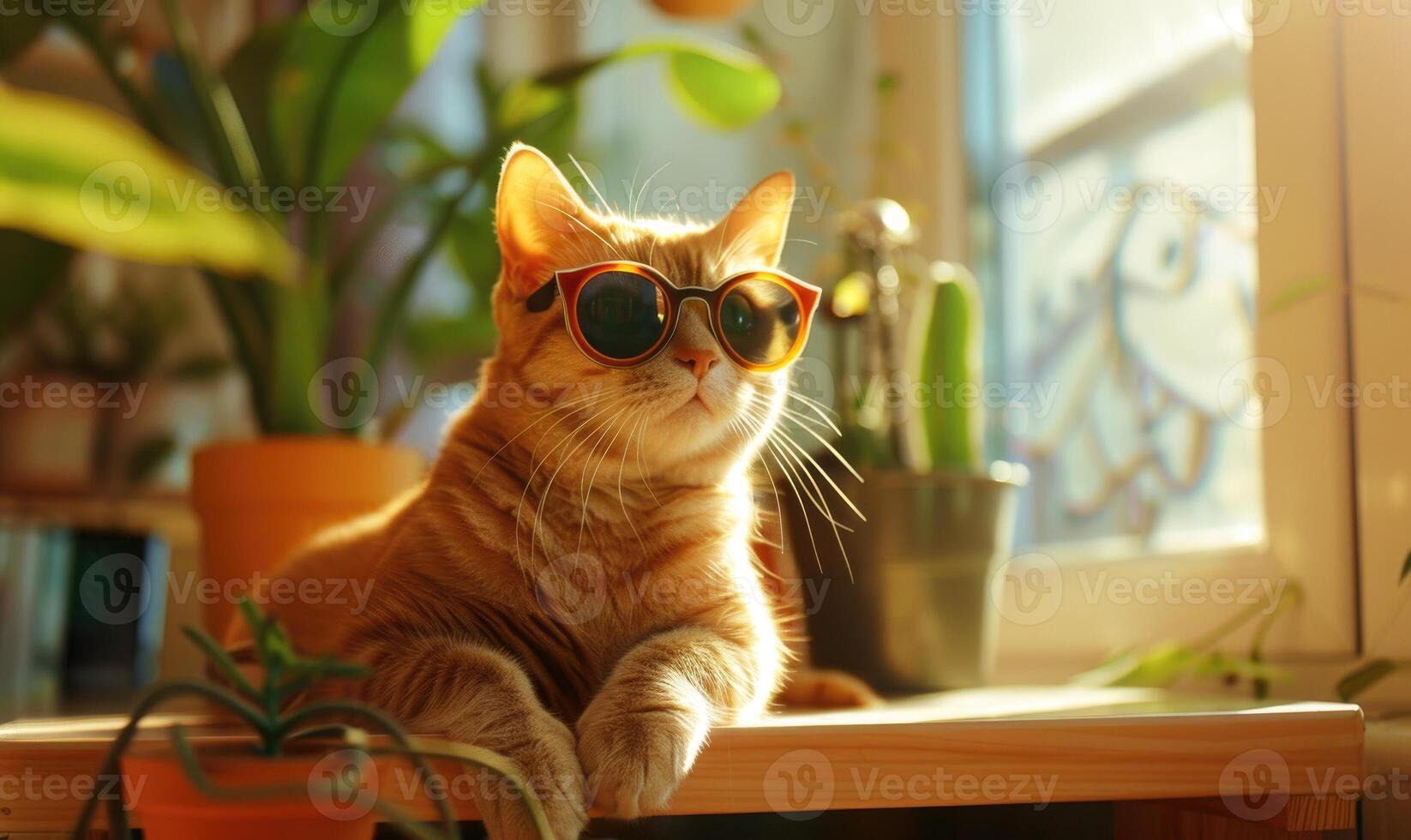 ai gegenereerd schattig gember kat vervelend zonnebril zittend Aan tafel in de buurt venster Bij huis foto