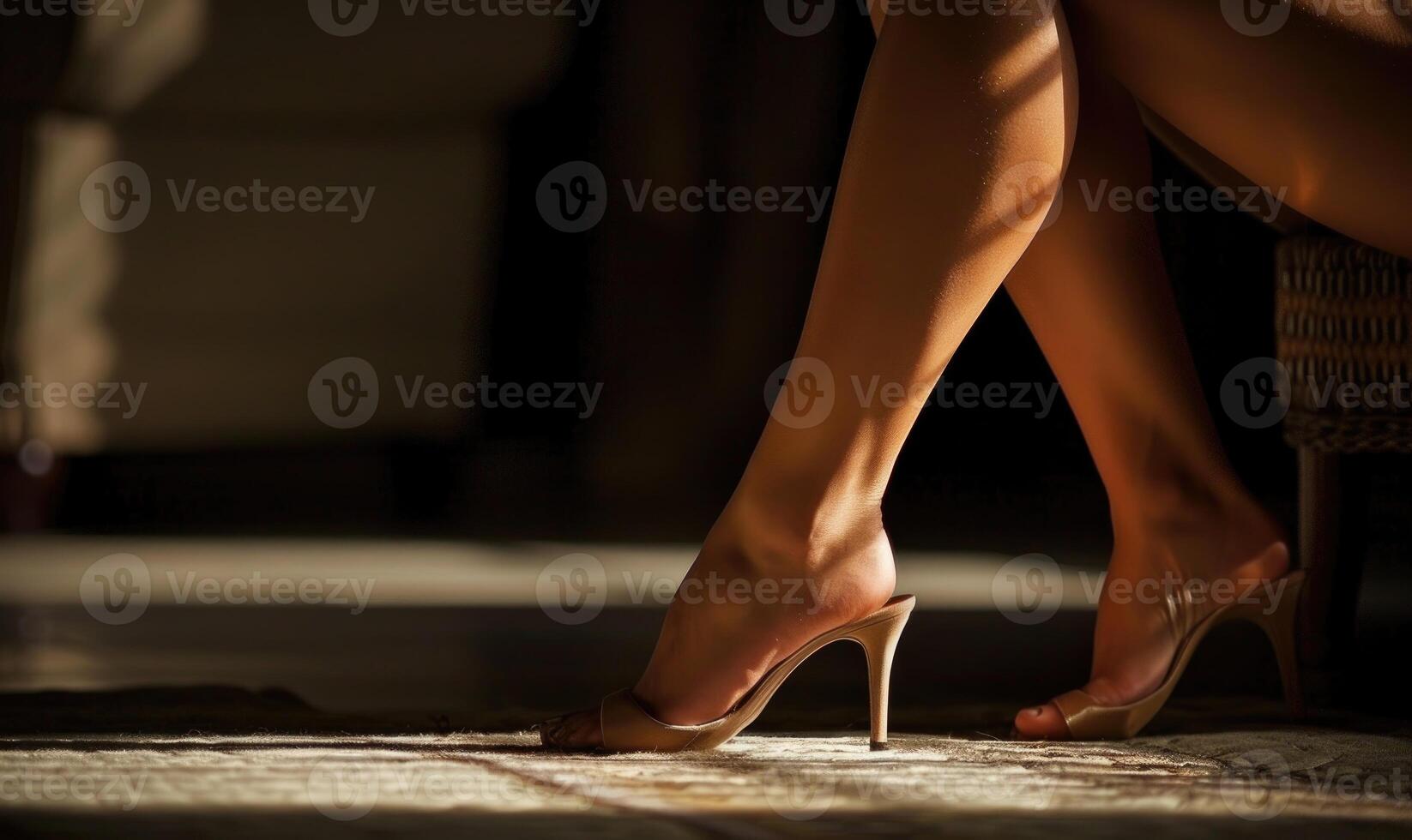 ai gegenereerd vrouw poten in hoog hiel- schoenen Aan de verdieping in de kamer. foto